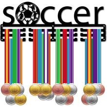 Medaillehanger voor voetbal, geschikt voor voetbalmedailles, biedt plaats aan meer dan 60 linten, ijzeren wandmontage, zwart, 40 x 15 cm