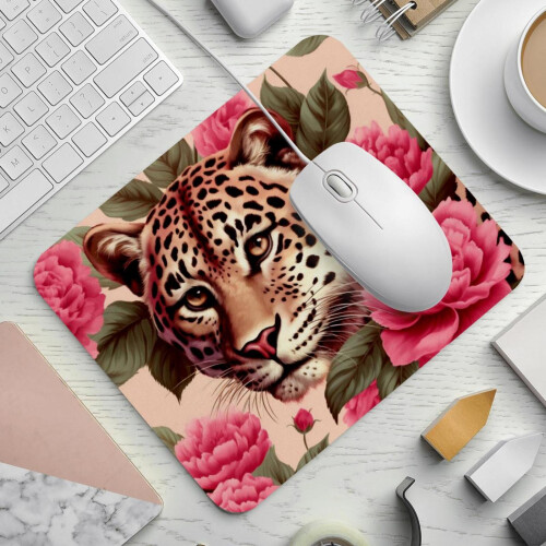 Mousepad quadrado com base de borracha antiderrapante para computador e notebook - Estampa de rosas e leopardo 1