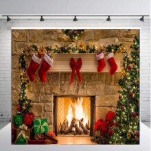 7x5ft Christmas Photography Backdrop, Fireplace & Tree Socks Gift Box Design, New Year Party Decoration Background