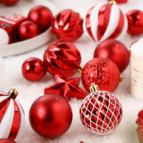 WhizMax 65 boules de Noël incassables rouges et blanches, décorations à suspendre 1