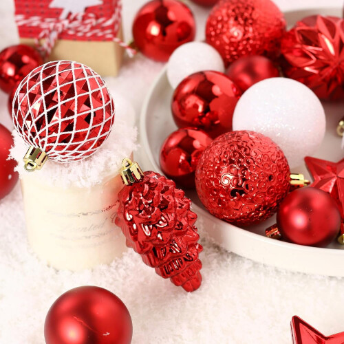 WhizMax 65 boules de Noël incassables rouges et blanches, décorations à suspendre 2