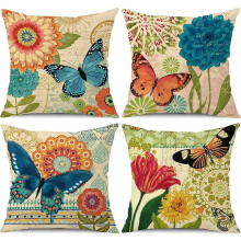 Sierkussenhoezen 18x18, set van 4, linnen met bloemen- en vlinderdesign, lentedecoratie voor bank, fauteuil, woonkamer en buiten (18" x 18")