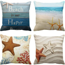 Conjunto de 4 capas de almofada decorativas quadradas com estampa de estrela-do-mar e a frase "O verão é meu lugar feliz" cravejada de strass,
