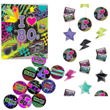 Kit de decoración retro para fiesta de cumpleaños de los años 80: decoración de pared, adornos colgantes y botones.