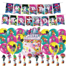 58 stuks Trolls verjaardagsfeestdecoraties, compatibel met Trolls, inclusief banner, taarttopper, cupcake toppers, ballonnen en cadeautjes voor