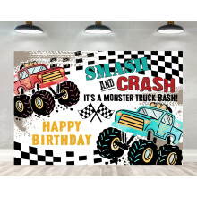 Geburtstagsparty-Hintergrund im LKW-Stil für Jungen, kompatibel mit Monster Jam-Auto-Dekoration mit brennender Flamme und Grave