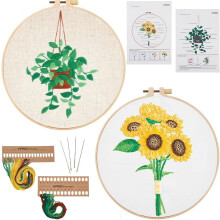 2 Sticksets mit Leinenfaden, Bambusimitat, Stickrahmen, Nadeln, Blumen- und Blättermuster, praktisches Nähset, Starterset zum Selbermachen