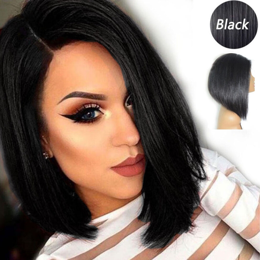 Black Straight Human Hair Wigs for Women 15.7 Inch Brazilian Side-parted Wigs, Short Fashion Hair Front Wig, Adult Female Costume Toupees