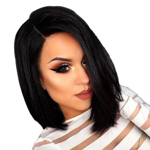 Peruca de cabelo humano preto liso para mulheres, peruca brasileira de 15,7 polegadas com repartição lateral, peruca frontal curta e moderna, 2