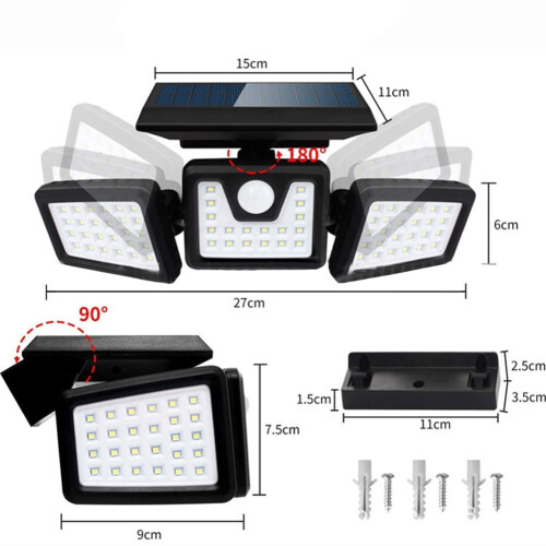 Solar bewegingssensorlampen 2000LM 74LED's, IP65 waterdicht, buitenbeveiliging 2
