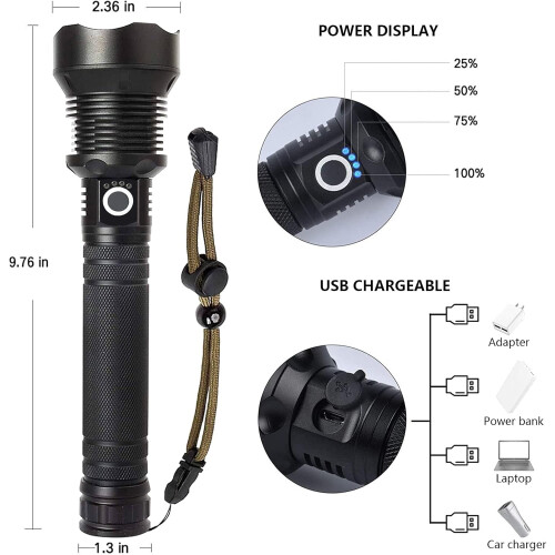 Επαναφορτιζόμενος φακός LED 990000 Lumens, εξαιρετικά φωτεινός με 5 λειτουργίες και 2