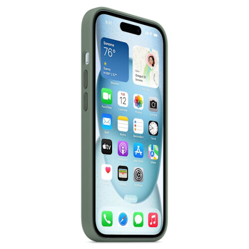 Capa compatível com iPhone 15, compatível com MagSafe, capa de silicone com proteção contra arranhões, cinza e verde. 2