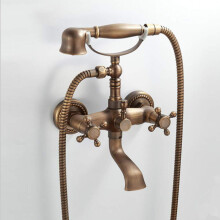 Retro Brass Wall Mounted Bathtub Faucet Set with Double Handles and Handheld Shower for Bathroom
