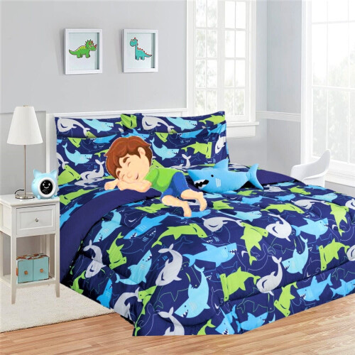 Set letto singolo da 6 pezzi con piumone e lenzuola blu squalo per bambini e ragazzi.