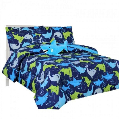 Set letto singolo da 6 pezzi con piumone e lenzuola blu squalo per bambini e ragazzi. 1