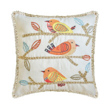 HomeCentric Oranje 16"x16" Katoenen Sierkussenhoes, Vogelpatroon, Applicatie, Borduurwerk, Kant, Bloemen in Moderne Stijl