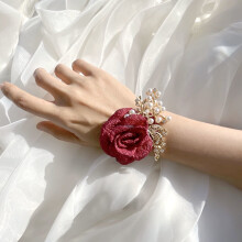 SUSUchens Bracelet de mariée élégant et réaliste orné de fausses perles, rouge foncé, idéal pour les mariages et les fêtes.