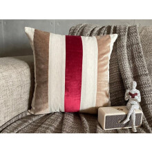 Rode kussenhoezen van fluweel en linnen, 16x16 inch, gestreept patchworkdesign voor de bank - moderne decoratieve sierkussens (40x40 cm)