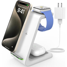 JoyGeek 3-in-1 draadloos laadstation, compatibel met Apple, voor iPhone 15-8 & SE, Apple Watch Ultra/8/SE/7-3 en AirPods.