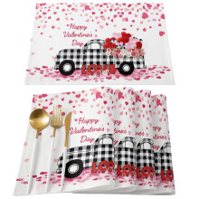 Valentines Day Gnomes Placemats Set of 6, Buffalo Check Plaid Love Hearts Polyester Stain Resistant Washable Table Mats for Kitchen Dining Rustic