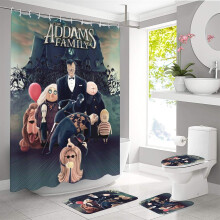 Juego de cortina de ducha de 4 piezas de La Familia Addams con alfombra antideslizante, funda para inodoro y alfombrilla de baño en forma de U,