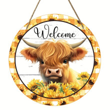 1 stuk Schotse hooglandkoe zonnebloem welkomstbord, rustieke boerderijdeurhanger, kransbevestiging, rond houten wanddecoratiebord voor thuis