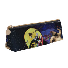 Nightmare Before Christmas Triangle Pencil Bag, Black Leather Portable Case with Zipper, Compatible with Fountain Pens & Markers, White