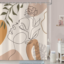 Cortina de ducha con rostro abstracto de mujer, 72"x84", base con peso, estilo bohemio moderno con arte botánico en terracota, impermeable y