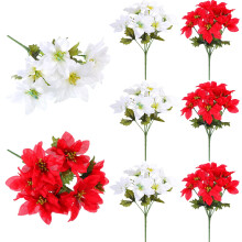 Künstliche Weihnachtssternsträuße (7 Köpfe), rot & weiß – 6-teiliges Deko-Set aus künstlichen Weihnachtssternen für Weihnachten, Partys und