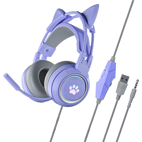 Ακουστικά GARENAS Cat Ear Gaming Μωβ, ακουστικά με μικρόφωνο 3,5 χιλ. με ακύρωση θορύβου και