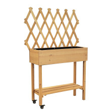Verhoogd tuinbed met klimrek, verhoogde plantenbak van vurenhout met poten, 2 vergrendelbare wielen en plank, geschikt voor tuin, balkon en kas.