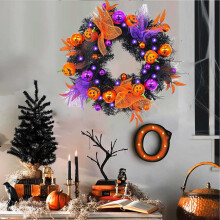 YiFudd Černý halloweenský věnec na vchodové dveře, předsvícená umělá dekorace pro vnitřní a venkovní domácí párty, se světlem