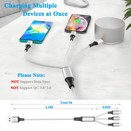 Multi Charging Cable, (2Pack 5FT) Multi USB Charger Cable Aluminum Nylon 3 in 1 Universal Multiple Charging Cord 1