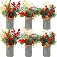 Tioncy 6-teiliges Weihnachts-Tischdeko-Set – Künstliche Stechpalme, rote Beeren, Tannenzapfen, Glitzerblätter in verzinkten Eisentöpfen