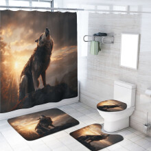 Juego de cortina de ducha con diseño de lobo del bosque, alfombras antideslizantes y tapete de baño, decoración duradera e impermeable con