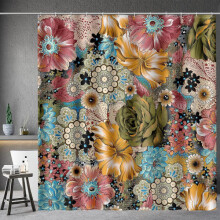 Cortina de ducha IC Boho Floral con estampado de flores multicolor, estilo bohemio étnico, con 12 ganchos para baño, 72"72".