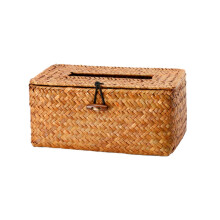 Flettet servietæske med låg, dekorativ rattan ansigtsservietholder, vintage søgræs servietholder til badeværelse, soveværelse, stue