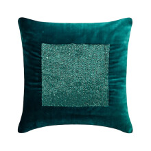 Türkizkék 45x45 cm-es bársony díszpárnák, gyöngyös hímzett chevron mintával, egyszínű modern dekoráció kanapéra