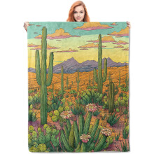 Flanellæppe med ørkenkaktuslandskab, blødt og let tæppe med saguaro- og figenkaktusprint til kvinder og piger, 122 x 102 cm