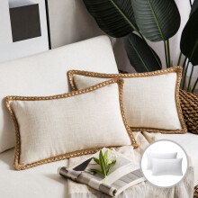 Phantoscope Farmhouse Burlap Linen Tailored Edge Series Decorative Throw Pillow, 12" X 20", Off White, 2 Pack
