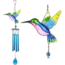 Evealyn ulkokäyttöön tarkoitettu kolibri-tuulikello, lasimaalaus, metallimusiikkikoriste kotiin, puutarhaan, terassille (sininen kolibri)