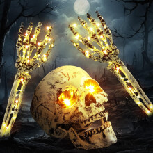 Husfou Lot de 3 décorations d'Halloween en forme de crâne, bras de squelette lumineux à planter, fonctionnant sur piles, 100 LED rouges,