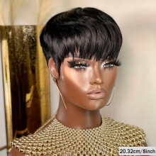 Perruque courte en cheveux humains, coupe pixie, densité 150 %, dégradée avec frange, multicolore 1B/613, compatible avec les femmes noires