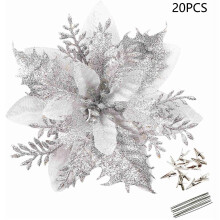 CISIL20 db 5,9"-os mesterséges csillámos mikulásvirág csatokkal, ezüst - kompatibilis karácsonyfával, barkácsoláshoz, partihoz, újévi