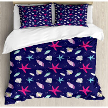 Navy & Blush Duvet Cover Set, Nautical Marine Pattern with Shells, Starfish & Bubbles, 1 Duvet Cover + 2 Pillowcases, Cal Multicolor