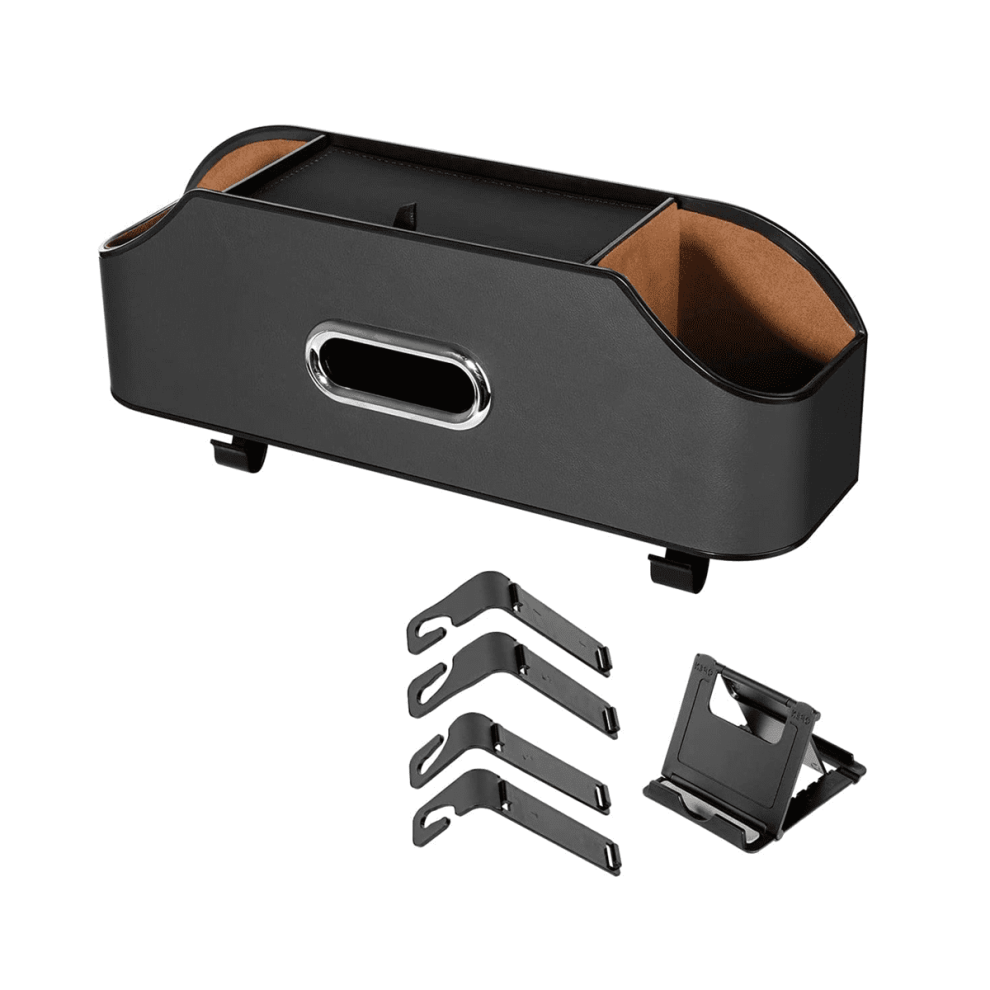 Car Headrest Backseat Organizer With 2 Drink Cup Holder, Cell Phone Holders, Hooks And Tissue Box Accessories - Black 9071309615227