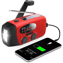 Emergency weather radio with solar cells and hand crank