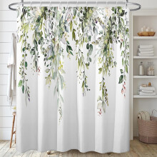 Saliegroene eucalyptus douchegordijnset, aquarel bloemenmotief met plantenbladeren, waterdicht, 72x72 inch met 12 haken