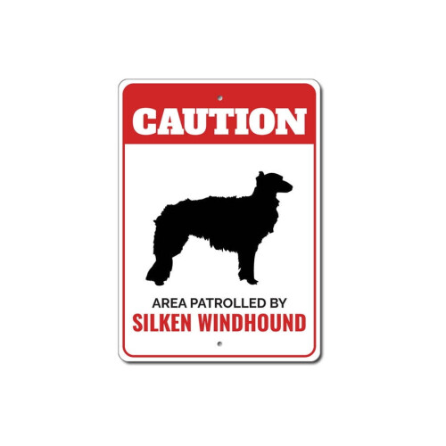 Μεταλλική πινακίδα προσοχής Patrolled By Silken Windhound, ράτσα σκύλου, μέγεθος ποδιού