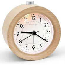 Wooden analog alarm clock without ticking, compatible with quiet bedrooms, retro design with snooze & night light, battery-powered, no radiation